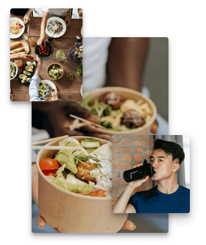 Collage of healthy food bowls and a woman enjoying a plant-based meal.